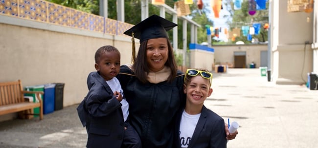 Berkeley MBA student Celia Carter at graduation with her children