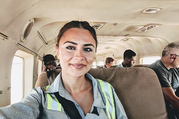 Atusa Sadeghi on a bus on her way to work onsite at a mine in Guyana