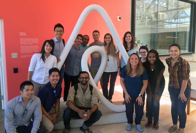 Mario Siewart (center) and the Haas Marketing Club visit Airbnb