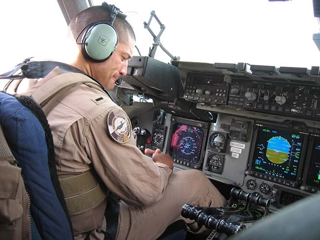 Berkeley EMBA student and military reservist Ricky Cornejo in the cockpit