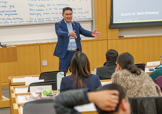 Faculty Doy Charnsupharindr speaking in a Flex MBA Classroom